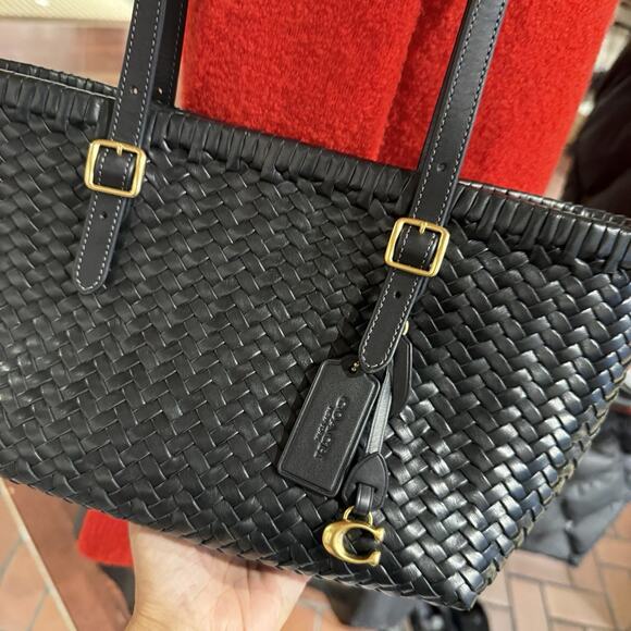 Coach Woven Leather Swing Tote Carryall Shoulder CBF83 Black - Picture 3 of 16